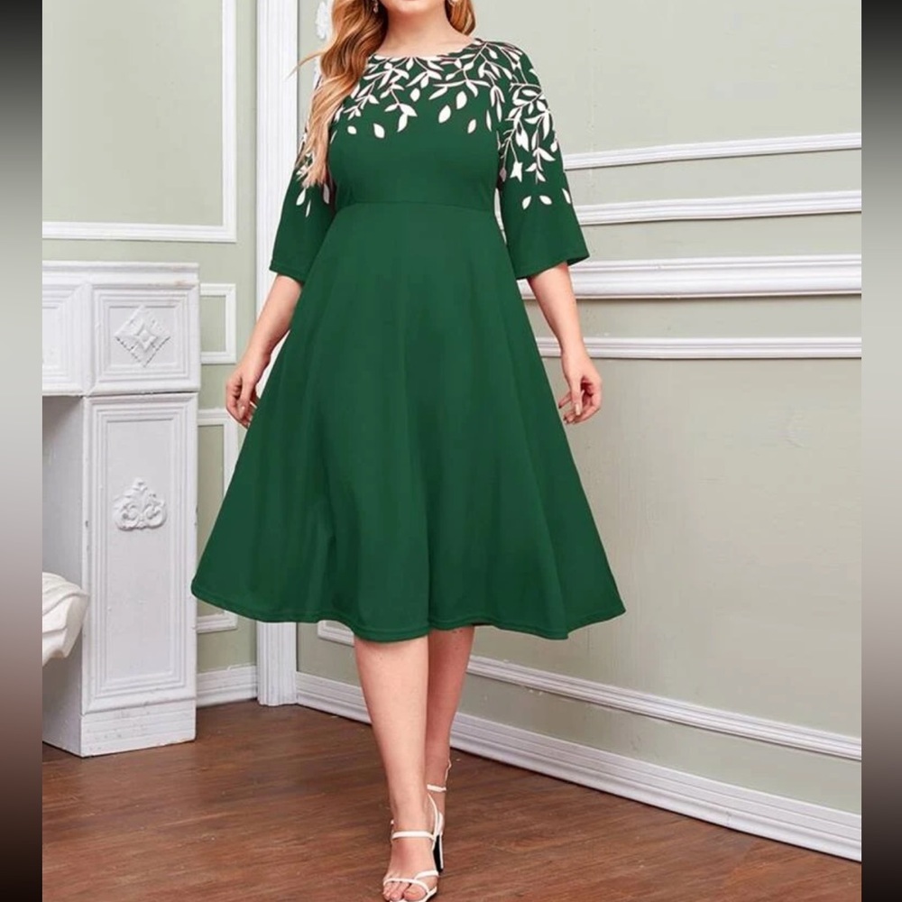 Floral leaf print midi dress